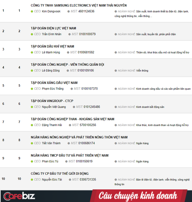 Top 10 doanh nghiệp lớn nhất Việt Nam 2020: 9 vị trí giữ nguyên, Thế giới Di động lần đầu được vào danh sách - Ảnh 1.