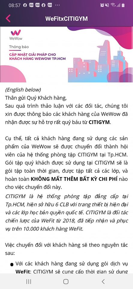 Diễn biến mới vụ WeFit: Khách hàng được chuyển đổi sang Citigym, tập đủ dịch vụ mà không cần trả thêm phí - Ảnh 1.