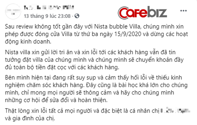 Sau scandal quảng cáo nhà bong bóng nhưng bán “lều vịt”, villa tại Sóc Sơn đã thông báo đóng cửa kèm lời nhắn: “Chúng tôi đang rất suy sụp và hối lỗi” - Ảnh 4.