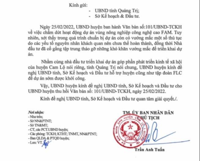 Huyện Cam Lộ đề nghị thu hồi dự án nông nghiệp của FLC vì chây ì, rồi lại bất ngờ quay xe sau vài ngày - Ảnh 1.