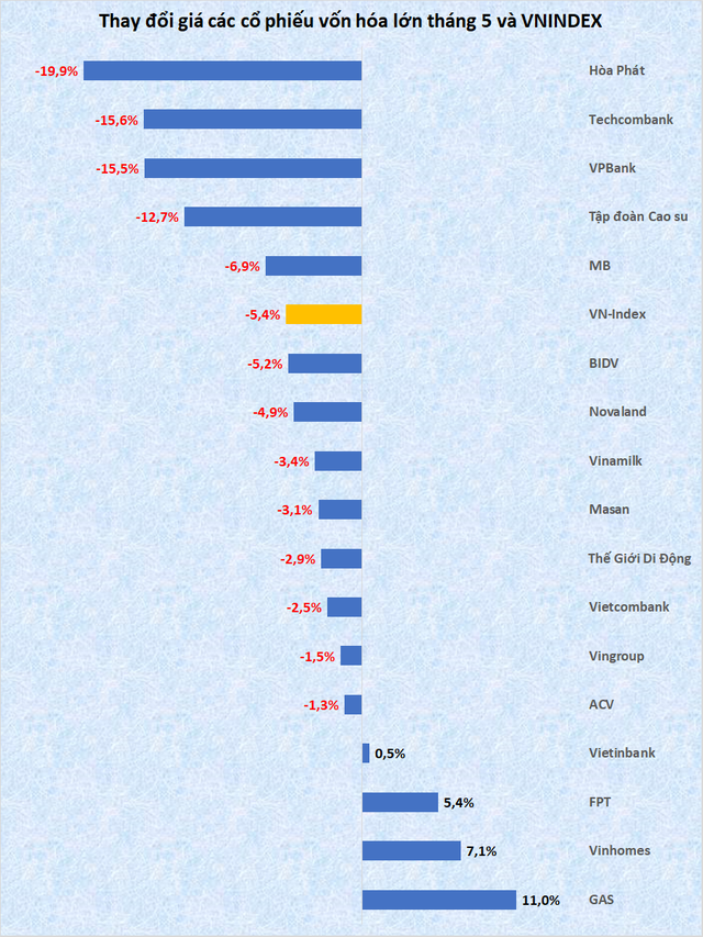 Vốn hóa Hòa Phát, VPBank, Techcombank bốc hơi mạnh nhất tháng 5, FPT, Vinhomes, GAS ngược dòng ấn tượng - Ảnh 4.